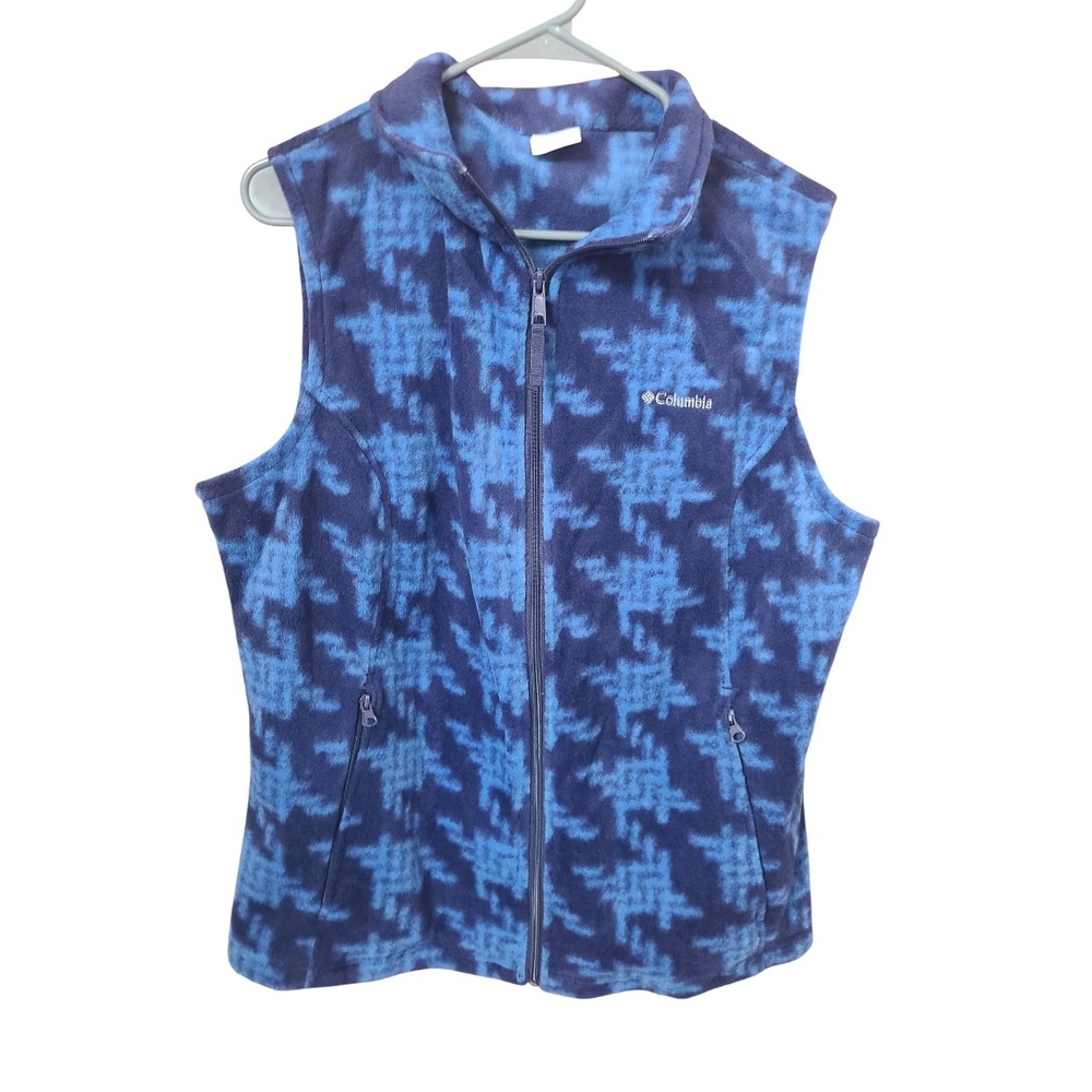Columbia Women's 1X Fleece Vest Blue Houndstooth Full Zip Outdoor Layering